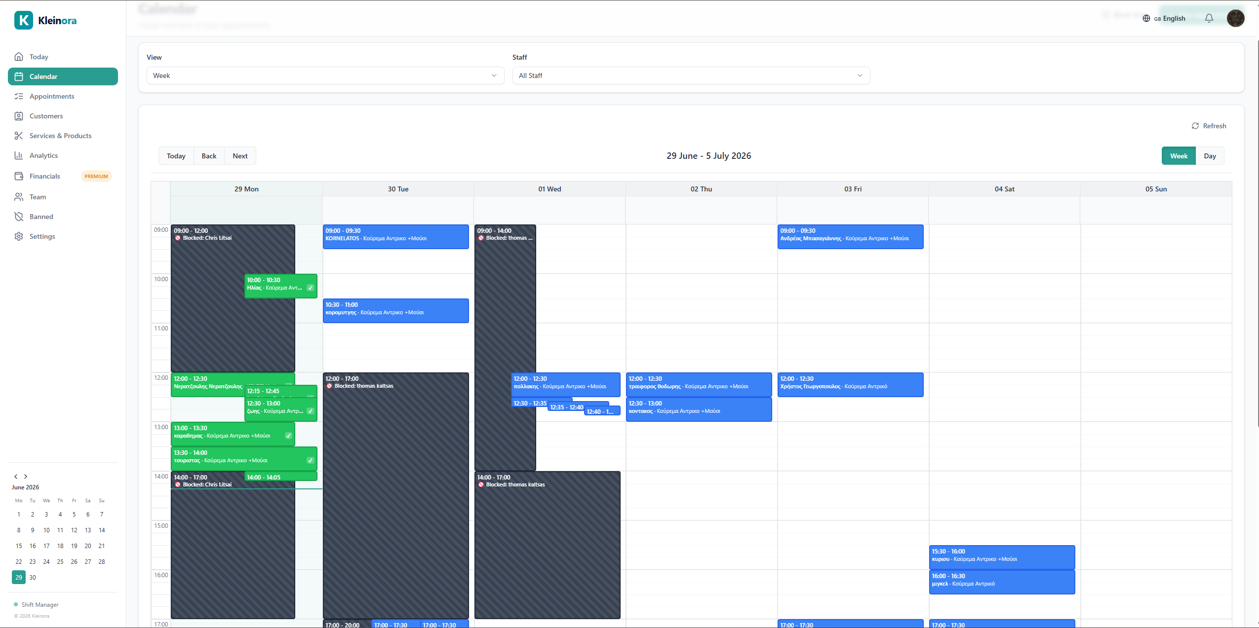 The Kleinora dashboard showing a weekly appointment calendar across staff